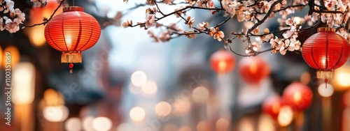 Chinese paper tetin flashlight with a flowering tree branch on a background with copy space. Cherry blossoms. Spring Festival in Asia photo