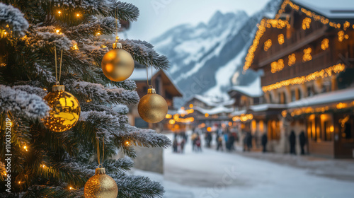 Winter landscape with a snow covered pine tree with garland and a small mountain town in the background photo