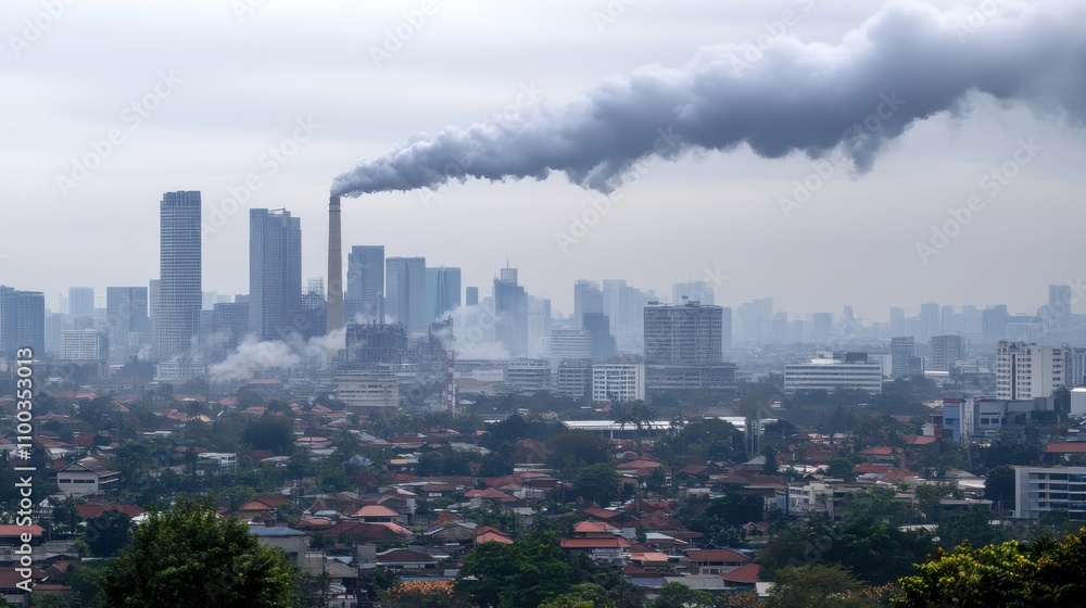 Obraz premium Pollution from industrial smokestacks hovering over a city skyline with residential areas in the foreground