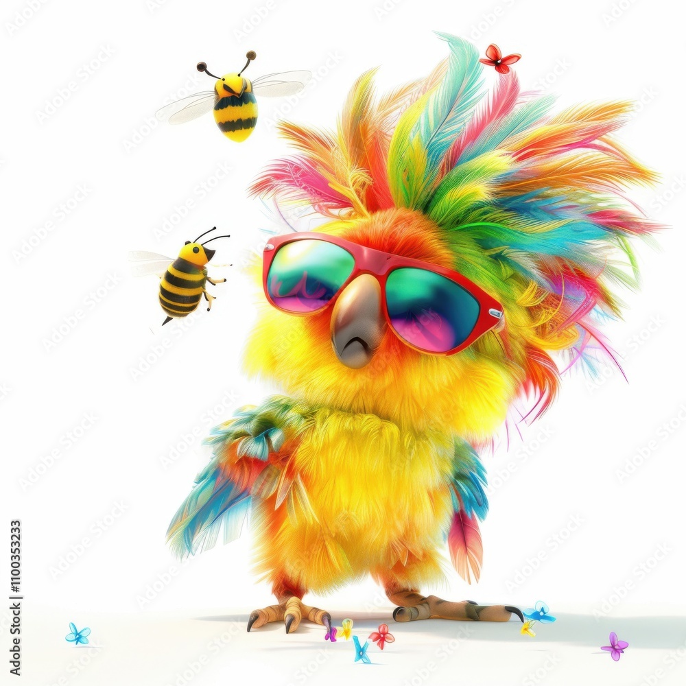 Fototapeta premium A colorful parrot playfully interacts with buzzing bees in a whimsical scene