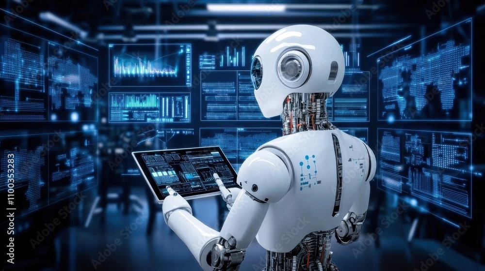 Robotic figure interacting with high-tech data systems in a futuristic control room setup Robotic figure interacting with high-tech data systems in a futuristic control room setup