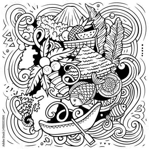 Tahiti hand drawn cartoon doodle illustration. Creative funny vector background with French Polynesia elements and objects