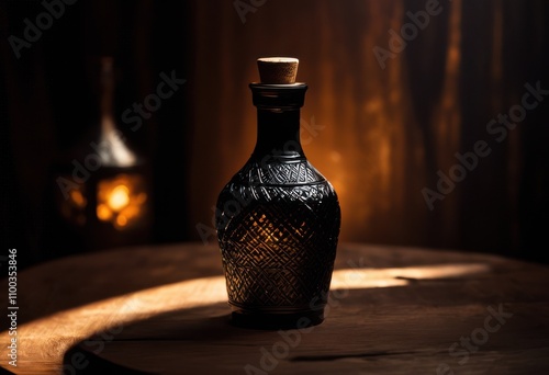 captivating dark glass bottle reflecting soft light elucidating elegance intricacies design visual serenade, reflection, shine, elegant, surface, curve photo