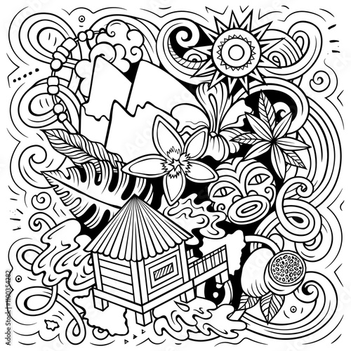 Tahiti hand drawn cartoon doodle illustration. Creative funny vector background with French Polynesia elements and objects