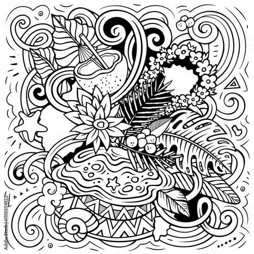 Tahiti hand drawn cartoon doodle illustration. Creative funny vector background with French Polynesia elements and objects