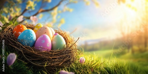 Colorful easter eggs in nest on spring morning