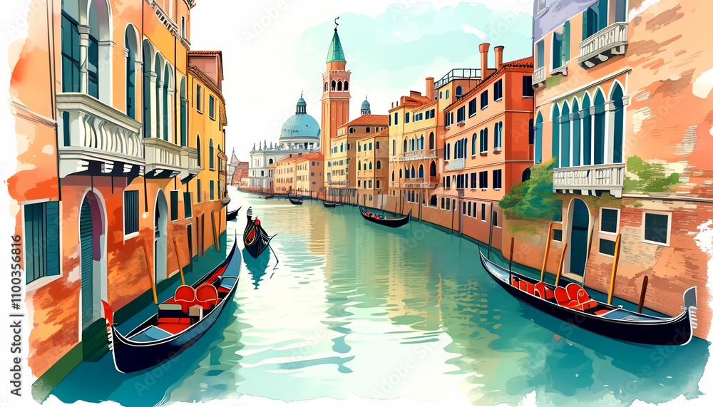 Fototapeta premium Beautiful gondolas glide through the serene canals of Venice under a bright sky