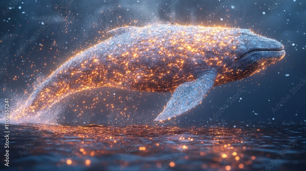 Fototapeta premium A glowing whale swimming through a starry ocean, blending nature with a magical atmosphere.