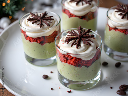 Delightful festive layered desserts with creamy topping and spiced garnish, photography of food styling concept. photo