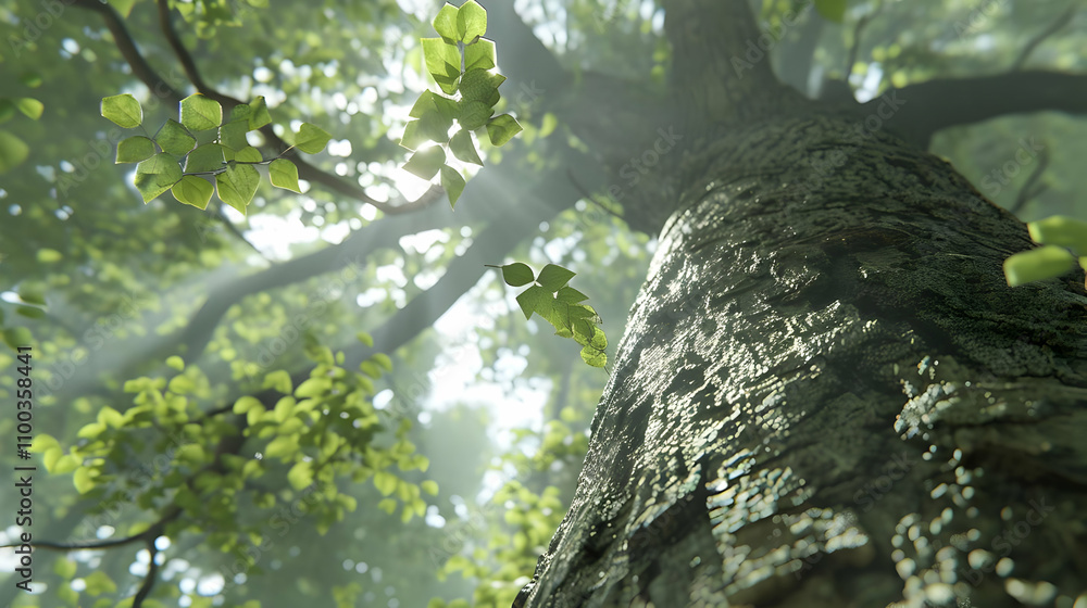 Fototapeta premium Sunlit Forest Tree Trunk 3D Illustration