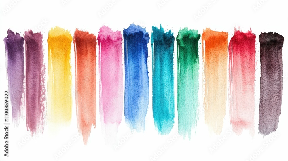 Naklejka premium Palette of watercolor brush strokes in various pastel colors, isolated on a white background with high detail and smooth texture,