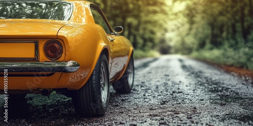 Yellow retro car on a textured road background, vintage atmosphere, outdoor setting, soft natural lighting,
