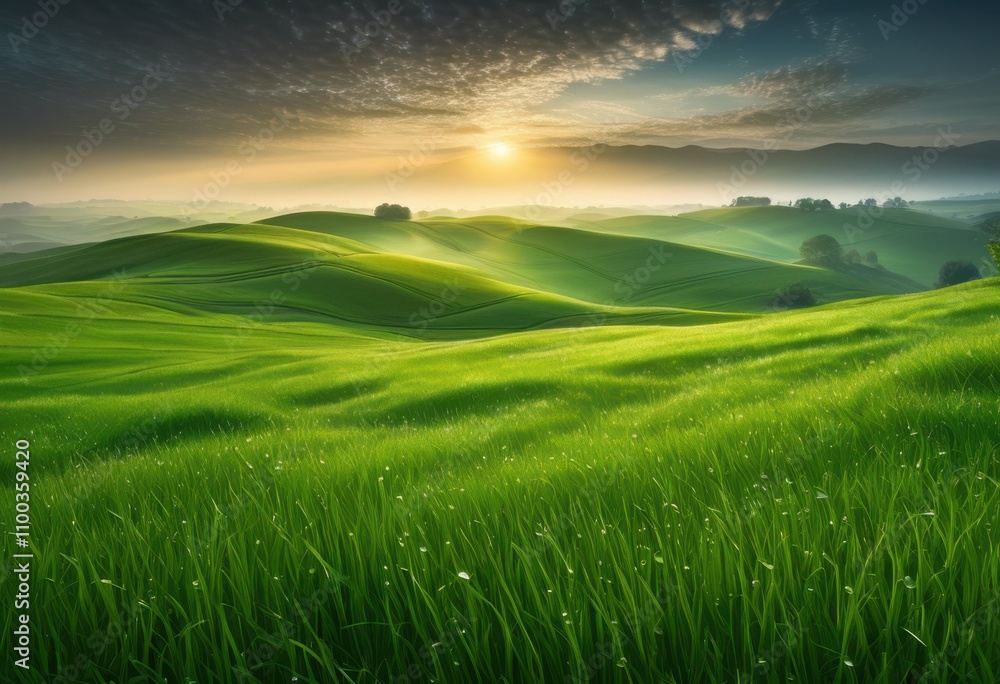 Obraz premium tranquil fields dawn glimmering dew fresh grass bathed soft morning light, nature, landscape, sunrise, outdoor, scenery, mist, horizon, fog, sky, sunlight