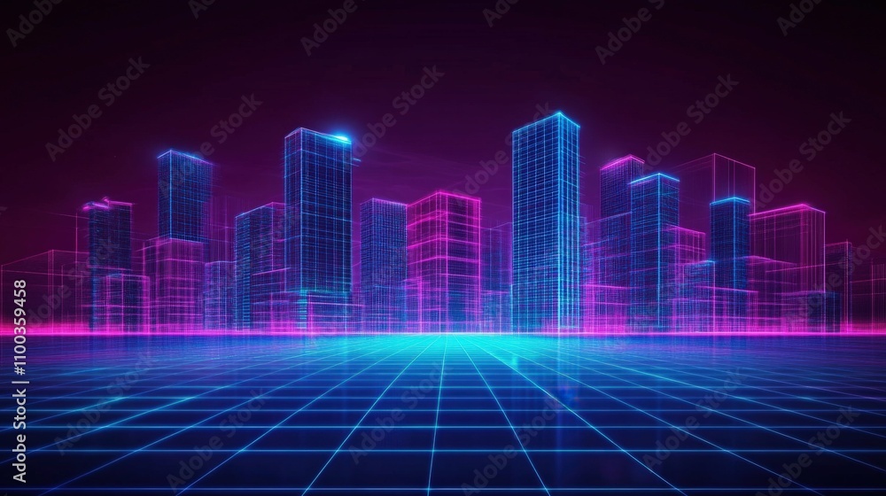 Naklejka premium Digital skyscrapers in a futuristic city, glowing neon blue and pink lines, dark background, cyberpunk atmosphere, modern technology focus,