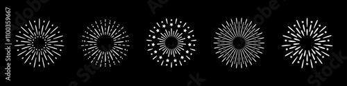Vector illustration of bright fireworks and firecracker icons set for celebrations and festivals. Collection is ideal for New Year parties and events. Fireworks cliparts in black and white colors.