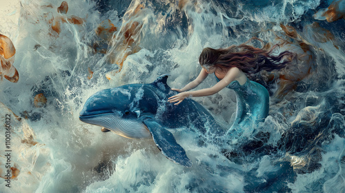 Create an image: A mermaid protects a little whale, sea, waves, cute dynamic image, detail