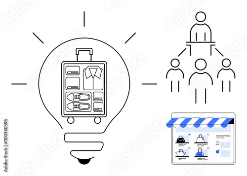 Lightbulb with packed suitcase inside, hierarchical organization chart, and online store webpage. Ideal for travel planning, organization structures, e-commerce, business ideas, digital marketing