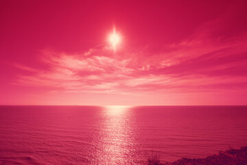 Acrylglasbilder Pantone 2023 Viva Magenta Sunrise over the sea in viva magenta trendy color toning. Seascape in the morning  © vvvita