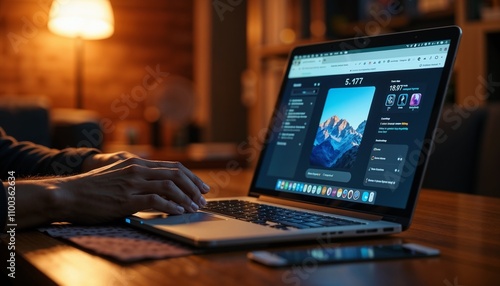 Open laptop with user engaged in work during evening hours in a cozy environment
