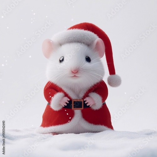 white mouse 3D in a Santa Claus costume, full length, looking at the camera, on a white background, sitting in the snow, empty space for text, Picture for postcard and poster