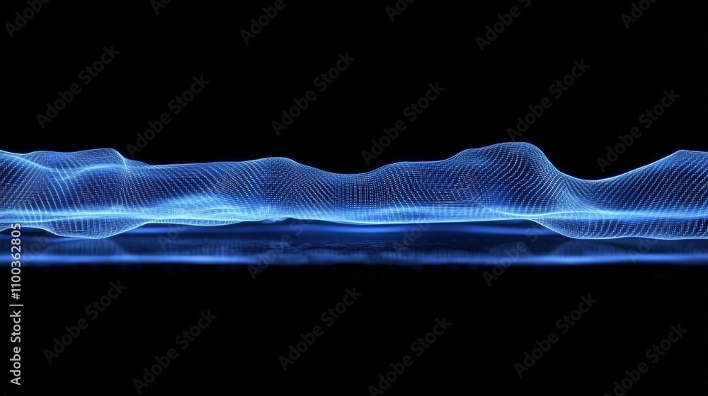 Fototapeta premium Blue grid and digital waves, glowing particles, dark background, futuristic style, smooth lighting, deep contrasts,