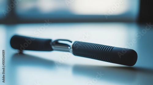 Close-up of ergonomic finger grip trainer with adjustable resistance settings, highlighting the textured handle and usability, placed neatly on a minimalist white table. photo