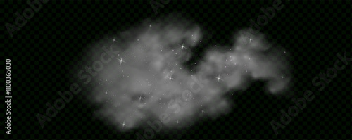Mystery dark background with glowing particles, stardust, and glittering stars, creating a colorful, ethereal fog. Vector illustration with vibrant, multicolored steam and vapor.