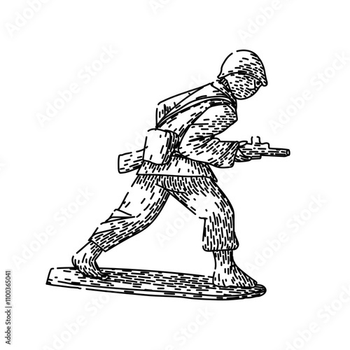 rare toy soldier hand drawn. miniature lead, plastic army, military figurine rare toy soldier vector sketch. isolated black illustration