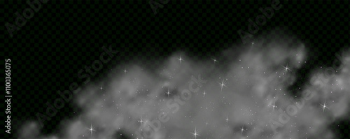 Mystery dark background with glowing particles, stardust, and glittering stars, creating a colorful, ethereal fog. Vector illustration with vibrant, multicolored steam and vapor.