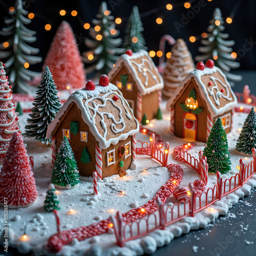 Charming gingerbread village with festive trees and candy decorations at night, photography of still life concept. photo