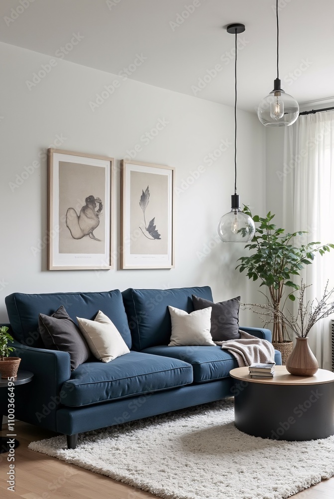 Fototapeta premium Modern Living Room Interior with Blue Sofa and Wall Art Decor.
