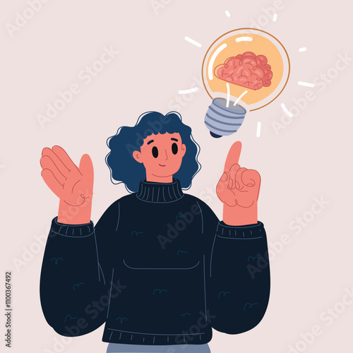 Cartoon vector illustration of a woman with a light bulb containing a brain, symbolizing a sudden brilliant idea