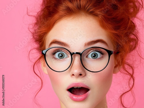A woman with red hair and glasses looking surprised