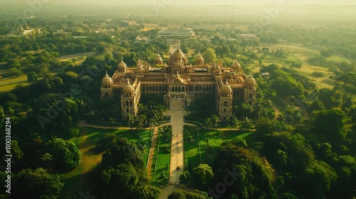 A wide-angle shot of Vidhana Soudha surrounded by lush greenery, emphasizing its majestic presence in the landscape. photo