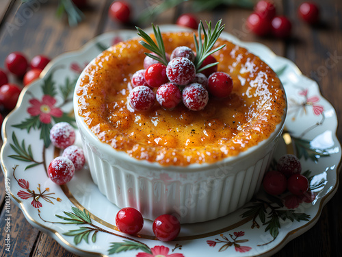 Deliciously festive cranberry cr me br l e with fresh herbs and red berries, photography of food styling concept. photo