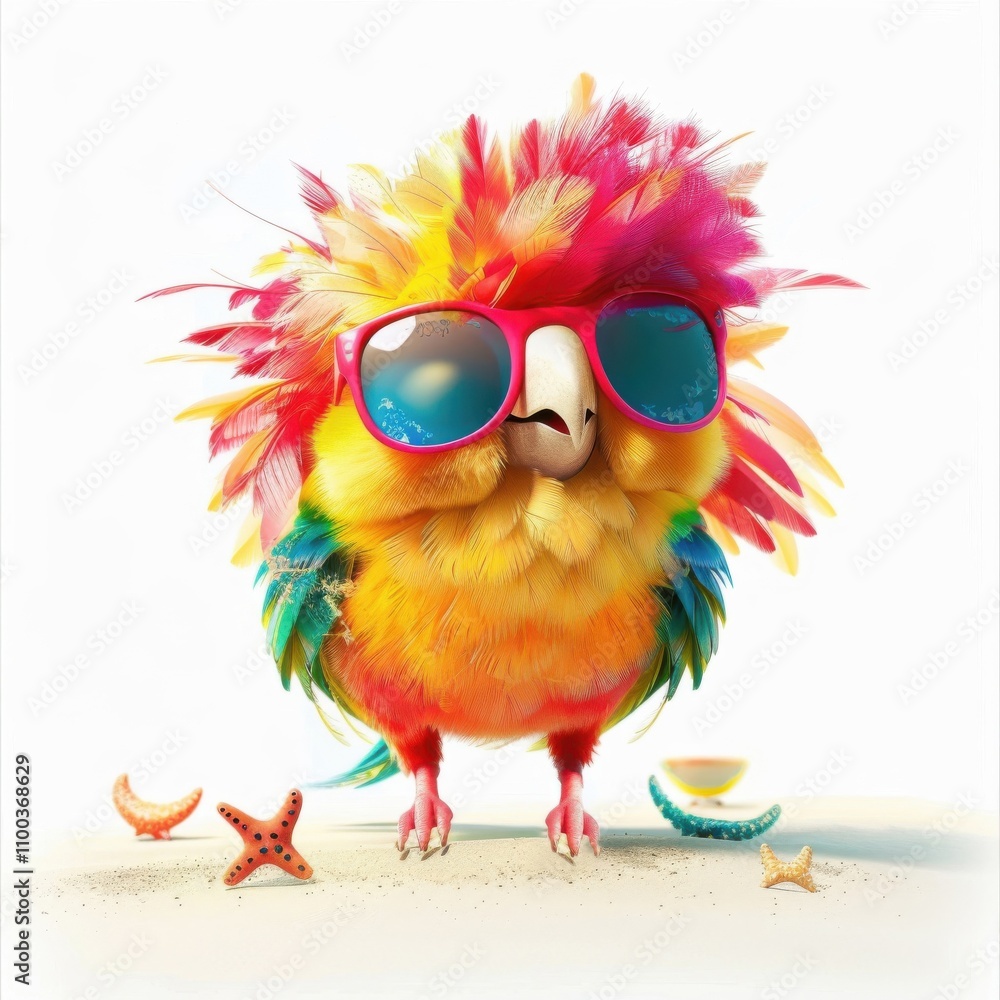 Naklejka premium A cheerful parrot with vibrant feathers and stylish sunglasses enjoys a sunny day by the beach