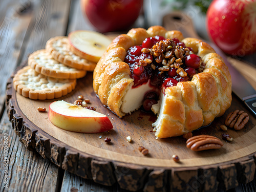 Decadent cheeseball with fruits and nuts on rustic wooden board, photography of food styling concept. photo