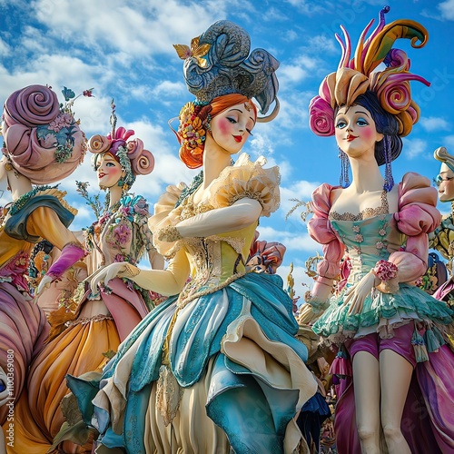 Las Fallas Spain of a repeating pattern of festive firework displays, colorful papermache figures, and traditional costumes photo