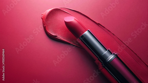 Pink lipstick in a sleek black tube displayed on a pink background with a creamy lipstick smear, highlighting elegance and femininity photo