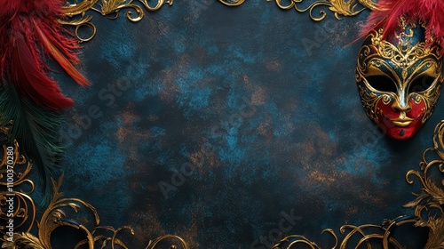Venetian Carnival Mask Border: Exquisite Snake Designs, Feathers, and Baroque Elements on Luxurious Velvet, Theatrical Lighting, and Festival Quality in 8K Resolution.