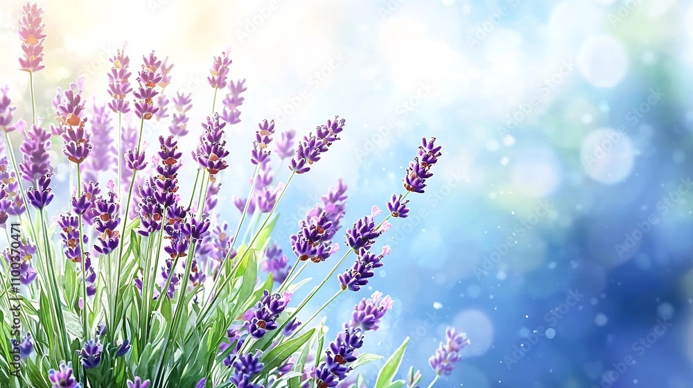 Fototapeta premium Lush Lavender Field Blending into Indigo Watercolor Background
