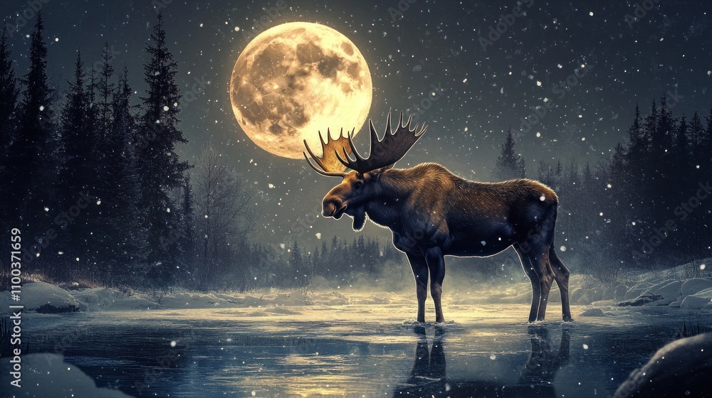 Naklejka premium A majestic moose stands in a snowy landscape under a full moon, creating a serene atmosphere.