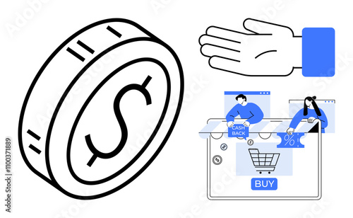 Coin with dollar sign, open hand gesture, online shopping window with cashback and discount graphics. Ideal for e-commerce, online shopping, digital payments, cashback programs, financial savings photo