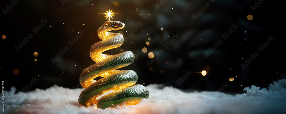Obraz premium A creative depiction of a snake coiled in the shape of a Christmas tree, adorned with glowing golden lights and crowned with a star. The scene is set on a snowy surface background.