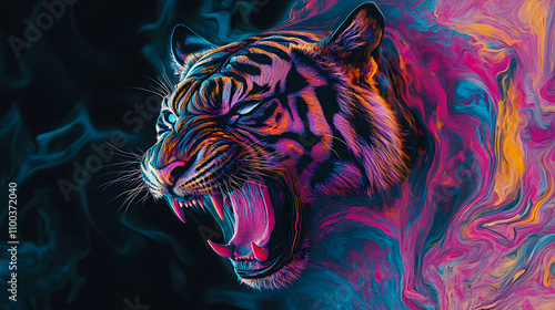 Vibrant and surreal digital art featuring a wild tiger in a state of distortion and melting portrayed in a psychedelic neon color palette against a dark background. Psychedelic. Illustration photo