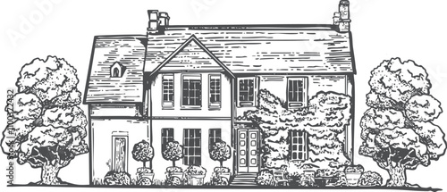 Vintage Hand-Drawn Country House with Charming Garden Scenery.