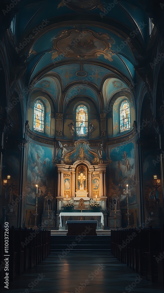 Fototapeta premium Stunning gothic church interior bathed sunlight with stained glass photos