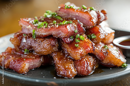 A pile of crispy bacon on a plate with syrup on the side photo