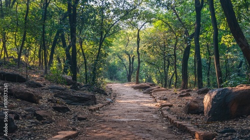 A tranquil trail in Pachmarhi, inviting viewers to explore the dense forest and natural surroundings. photo