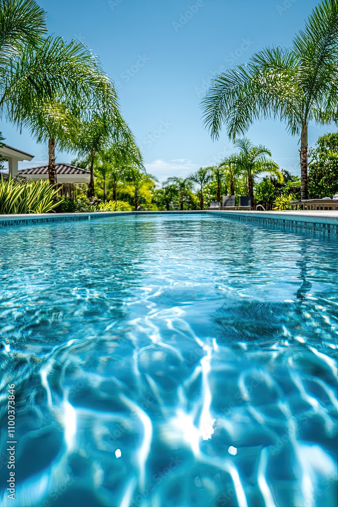 Fototapeta premium Clear blue swimming pool with gentle ripples from the breeze